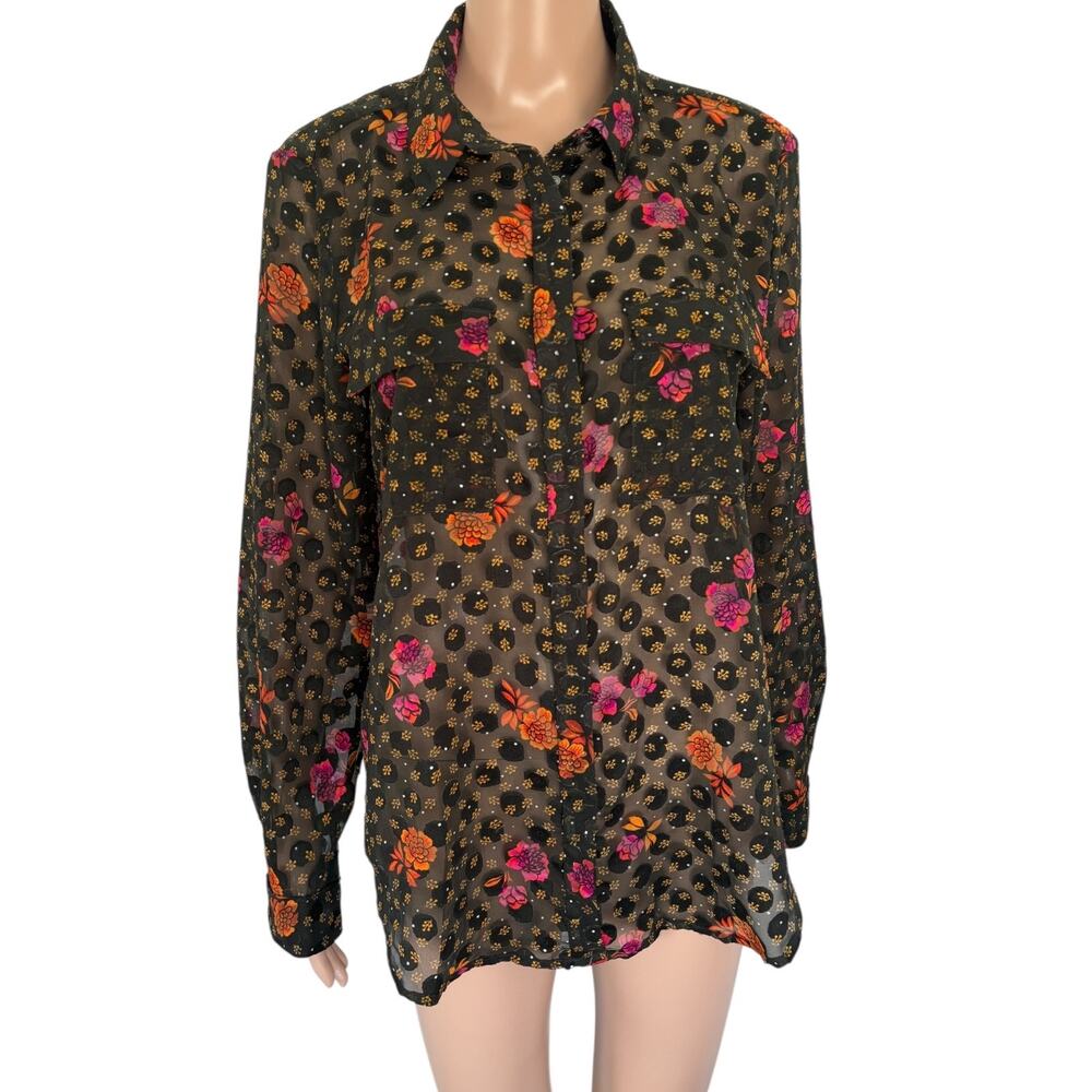 LOFT Sheer Floral Button Down Blouse M Whimsigoth Boho Cottagecore Dark Romantic